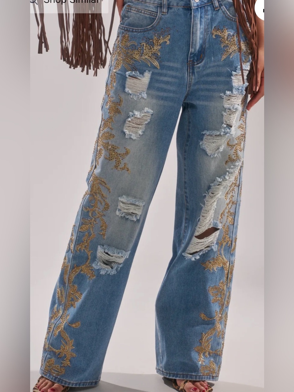 NWT AKIRA Light Blue Distressed Wide-Leg Jeans with Gold Embroidery size 2X